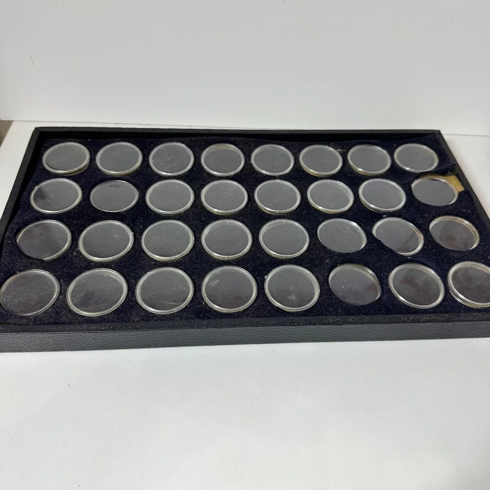 Gemstone Display Case 32 Jar Black Faux Leather Jewelry Storage Tray Box